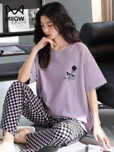 Two Piece Plaid Pants Sleepwear Pajamas Set M / Plum